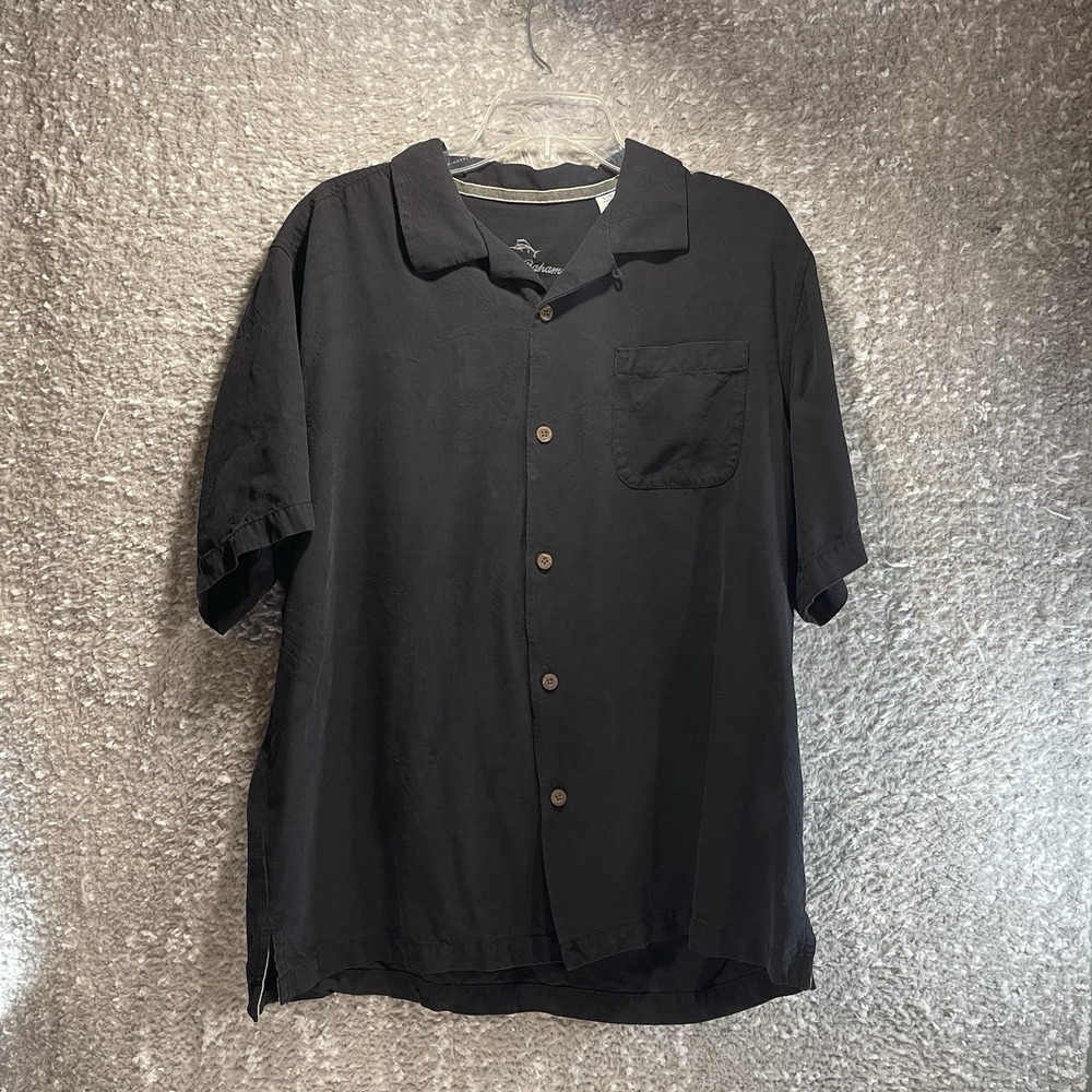 Tommy Bahama Shirt Mens L Black Silk Button Up Camp Aloha Outdoor Preppy